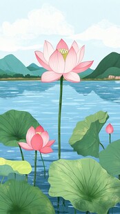 夏日湖景中的娇艳荷花