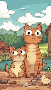 田园猫咪与小鸡温馨场景