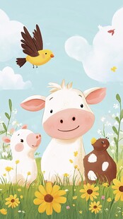 田园萌宠 牛猪与飞鸟同框