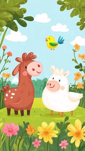 草地上的可爱羊驼与小鸟