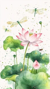 夏日荷花蜻蜓水彩插画