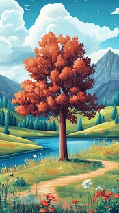 秋日湖畔独树风景画