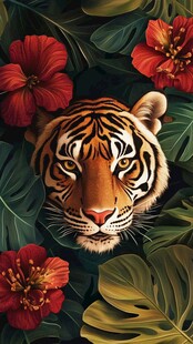 虎栖繁花绿叶间