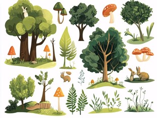 森林植物动物插画元素集