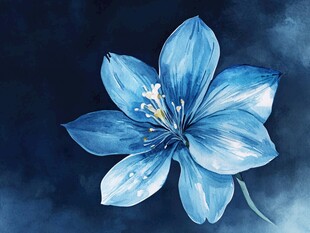 蓝色水彩风美丽单朵花卉