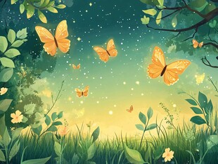梦幻夏夜蝴蝶飞舞图景