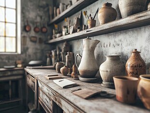 陶艺工作室里的古朴器物