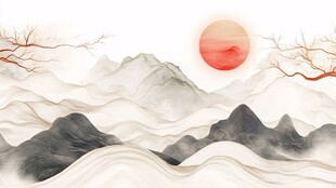 水墨山川映红日意境图