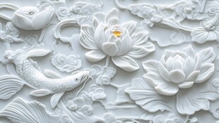 白瓷浮雕 鱼戏荷花之景