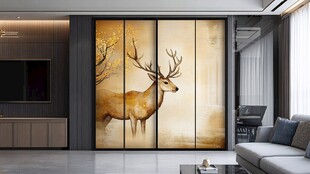 客厅中式麋鹿艺术背景墙