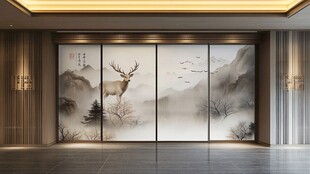 中式山水麋鹿屏风装饰画
