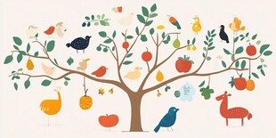 树上的动物与果实插画