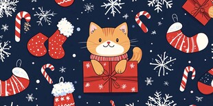 圣诞猫咪与节日元素图案