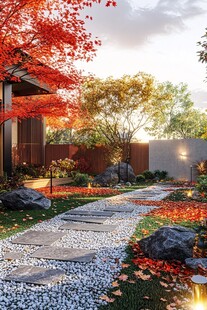 秋日庭院石板小径美景