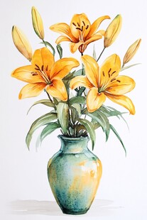 花瓶中的黄色水彩百合花