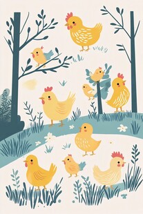 田园小鸡欢乐嬉戏图