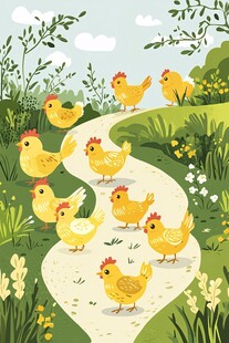 小鸡漫步田园间