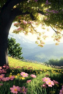 春日繁花树下的梦幻美景