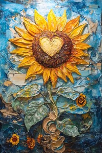 心形中心的立体向日葵油画