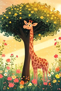 树下长颈鹿的梦幻田园景