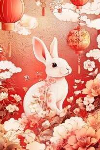 玉兔贺春图 繁花映祥景