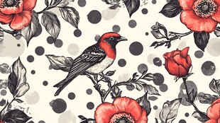 花鸟图案 红鸟与花卉