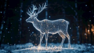 梦幻发光鹿于雪夜森林
