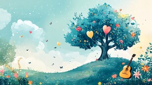 梦幻草地音乐树景插画