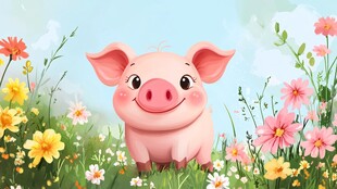 花丛中的可爱小猪