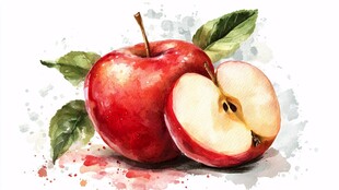 水彩画中的鲜红苹果与绿叶