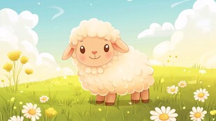 可爱小羊漫步花草间