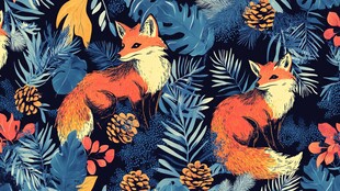 狐狸丛林图案 植物与动物