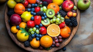 木盘里的多彩新鲜水果