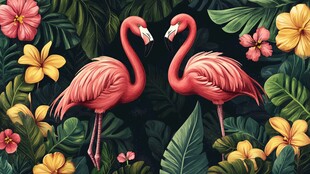 双火烈鸟于热带花卉间