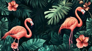 火烈鸟与热带植物插画