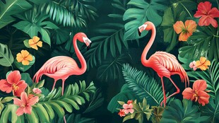 火烈鸟漫步于热带花卉丛林