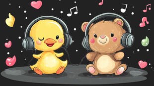 萌趣小鸭小熊共赏音乐