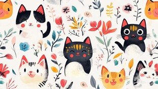 可爱猫咪与花卉图案背景