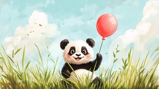 草地上的熊猫与红气球