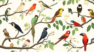 多彩鸟儿栖息于繁茂枝头