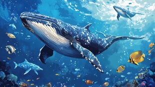 梦幻海底世界的鲸鱼与鱼群