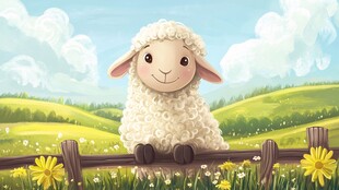 可爱小羊站在田园木栅栏边