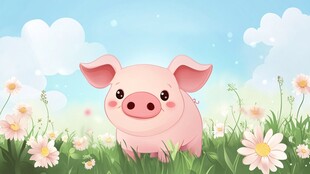 可爱小猪置身烂漫花丛中