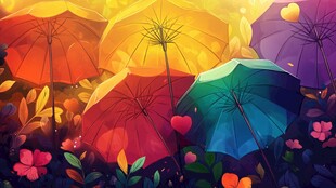多彩雨伞下的梦幻花卉世界