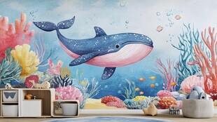 梦幻海底鲸鱼儿童房背景墙