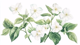 手绘白色花卉与绿叶图