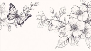 蝴蝶伴花的精致线描插画