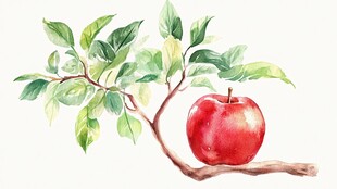 枝头红苹果水彩画