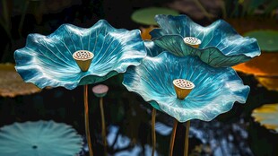 蓝韵荷花绽于清幽水面