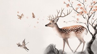 梅花下的鹿与飞鸟图景